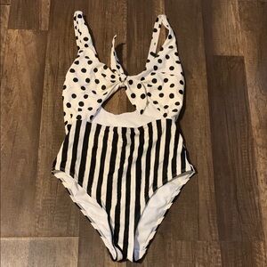 Black and White Polka Dot and Stripe Swimsuit